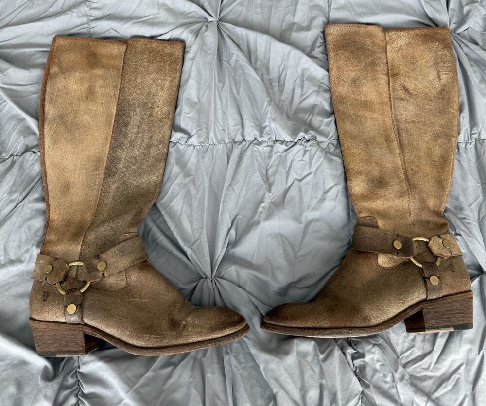 Women's Frye Harness Boots Size 9.5M Wide Calf Tan Leather Zip Closure